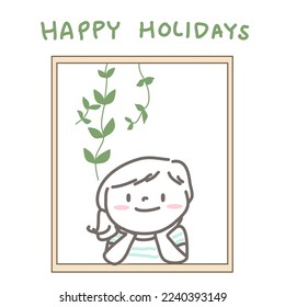 Happy girl smiling, leaning out of the window and looking out from open window. Cute and serene woman sitting by window, resting chin on hands and looking out of the window. Happy Holidays card.