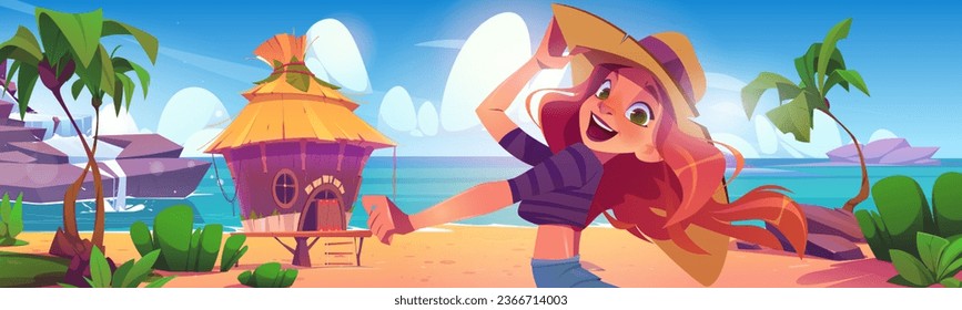 Muchacha feliz sonriendo en la playa de verano con bungalow. Dibujo vectorial de un emocionado personaje femenino posando sobre un fondo marino soleado, una cascada en una roca, palmeras a orillas del mar, vacaciones