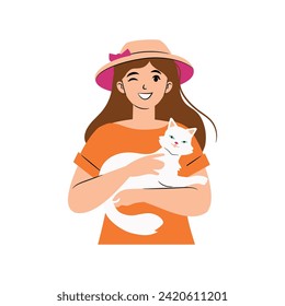 Happy girl smiling and winking, wearing summer straw hat with ribbon, holding a fluffy white cat