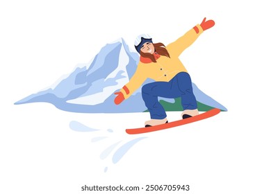 Happy girl snowboarder jumping. Young woman on snowboard. Extreme winter sport activity outdoors. Flat vector illustration isolated on white background