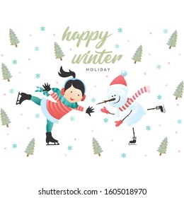 happy girl and snowman holding each other while playing ice skating in winter season vector illustration