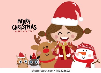 Happy girl with snowman, reindeer, cute cat and Christmas gift. Vector and background