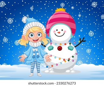 Happy girl with snowman and snow background illustration