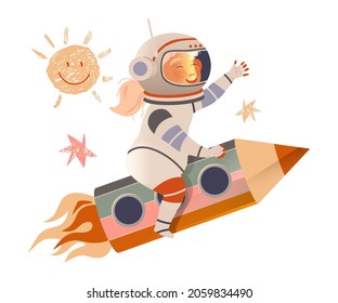 Happy girl in space suit flying on space rocket. Design element can be used for children print, books, stickers, posters vector illustration