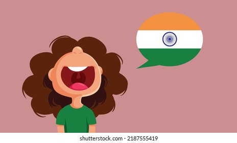 
Happy Girl Speaking Indian Language Vector Cartoon Illustration. Person speaking a new foreign language studding in a school
