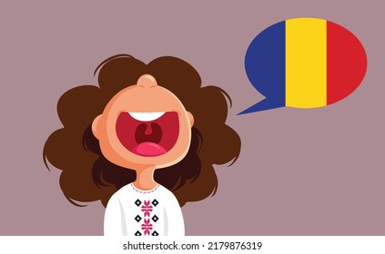 
Happy Girl Speaking Romanian Vector Cartoon Illustration. Child wearing a traditional costume speaking native language in Romania
