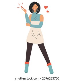Happy girl speaks by mobile phone. Modern positive young woman with the phone is having a love conversation. The idea of positive communication. Isolated flat vector for Valentine's Day.