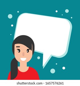 happy girl with speech bubble on blue background. Talk, chat message, communicate, messenger concept . flat vector illustration  on white background. Hints and tints. Questions and answers.