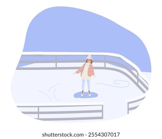 Happy girl spending time in nature in winter holidays. Young woman skating on outdoor ice rink. Vector illustration 