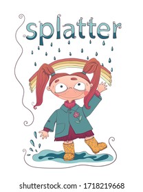 Happy girl splashing in the rain. Little cartoon girl in a small coat and rubber boots under a rainbow waves a greeting. A child is standing in a puddle. Rain season. Vector children's illustration.