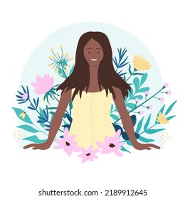 Happy Girl Standing Among Cute Summer And Spring Wild Flowers, Plants And Blossoms. Female Character Enjoy Natural Beauty And Fragrance Flat Vector Illustration. Freedom, Youth, Mental Health Concept