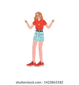 Happy Girl Standing with Arms Raised, Young Woman Celebrating Event Vector Illustration