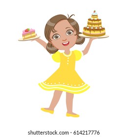 Happy girl standing with a birthday cake in her hand wearing a yellow dress, a colorful character