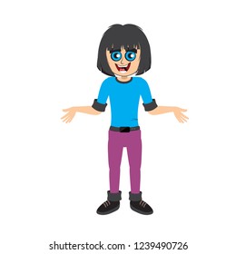 happy girl standing explaining something, clarifying, moving hands cartoon character vector illustration