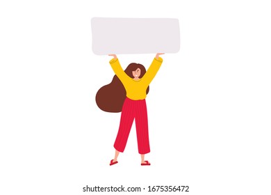 Happy girl standing and holding blank banner. Flat cartoon colorful vector illustration.