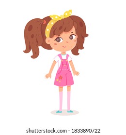 Happy girl standing. Joyful smiling child with laughing face expression. Positive emotion and fun vector illustration. Cute cheerful little kid in good mood on white background.