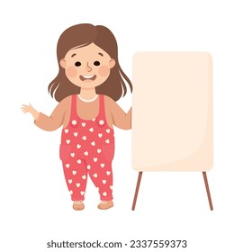 Happy Girl Standing Near Banner or Poster with Empty Space Vector Illustration