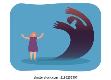 Happy girl standing near dark ghost shadow. Victory of tiny person in fight against panic, stress flat vector illustration. Health, mental attack concept for banner, website design or landing web