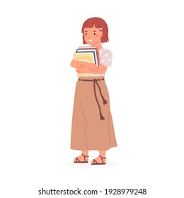 Happy girl standing with pile of books. Smiling child holding stack of textbooks from school library. Colored flat vector illustration of female kid or schoolgirl isolated on white background