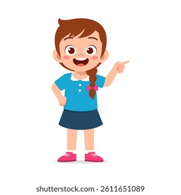 Happy girl standing and pointing to the side with a smile wearing blue dress illustration - Powered by Shutterstock - Get 15% off with code: PIKWIZARD15