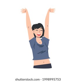 Happy Girl Standing Raising her Hands, Young Woman Celebrating Success Cartoon Vector Illustration