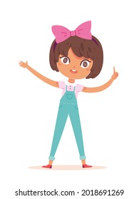 Happy girl standing and showing finger sign. Joyful smiling child having idea. Positive emotion and fun vector illustration. Cute cheerful little kid in good mood on white background.