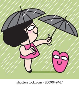 Happy Girl is standing in Strong Heavy Rain Holding Umbrella To Protect Herself And Her Heart From Rain. Taking Care Of Own Body And Mind Concept Card Character illustration