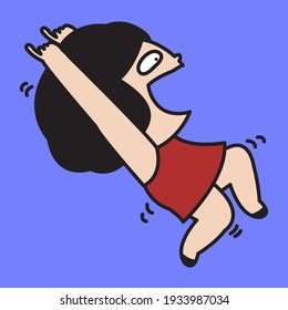 Happy Girl Standing Tiptoe And Raising Hands While Laughing With Mouth Wide Open Concept Card Character illustration