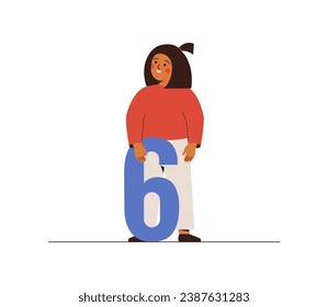 Happy girl stands near big number six. Happy caucasian female child shows big "6". Study and education school concept. Math numerals vector illustration