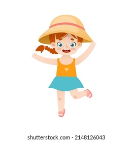 Happy girl in straw hat on summer vacation. Cute baby girl with red hair and freckles jumping.