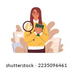 Happy girl student with book. University knowledge, education, science research concept. Bookworm studying, learning. Smart woman scientist. Flat vector illustration isolated on white background.