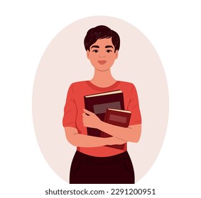 Happy girl student with book. Vector illustration in cute cartoon style.