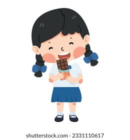 Happy girl student eating chocolate sweet
