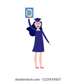 Happy girl student graduate holding diploma in her hand up isolated on white background - flat female character with certificate of successful completion of studies in vector illustration.