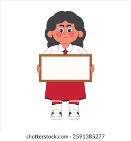 Happy girl student holding blank sign cartoon character illustration