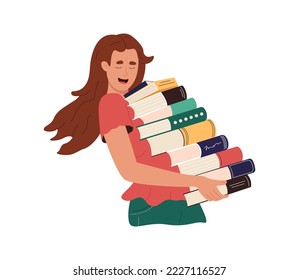 Muchacha feliz que sostiene un montón de libros en las manos. Joven cargando un montón de libros de texto de la biblioteca. Lector sonriente, gusano de biblioteca con la amada literatura. Dibujo vectorial plano de dibujos animados