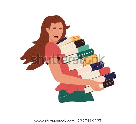 Happy girl student holding stack of books in hands. Young woman carrying pile of textbooks from library. Smiling reader, bookworm with beloved literature. Cartoon flat vector illustration