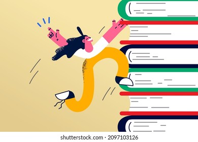 Happy Girl Student Jump On Books Pile Excited With Good Education Or Study Course. Smiling Woman Climb Stack Of Textbook Strive To Success Or Academic Goal Achievement. Vector Illustration. 