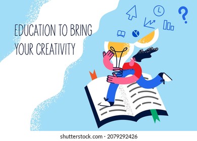 Happy girl student read book brainstorm develop interesting business idea or thought. Smiling woman study learn engaged in creative thinking. Education and creativity concept. Vector illustration. 