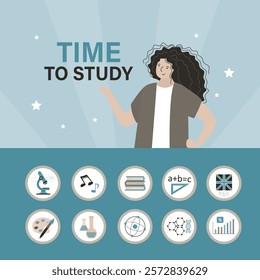 Happy girl student, time to study. Academic success, education and learning, female character with set of school or college subjects icons, signs. Back to school. flat vector illustration