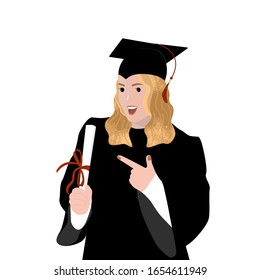Happy girl student is a university graduate in a mantle and a cap with a diploma. Stock vector flat illustration.