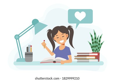 Happy Girl studying with a book at home. Vector illustration of flat cartoon character.
