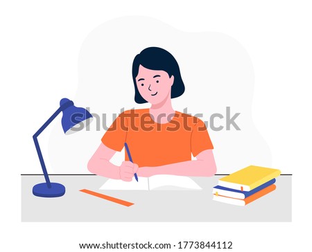 Happy girl studying with books. Student girl at the desk writing for her homework. Back to school. Studying on the table. Study concept. Flat vector illustration.