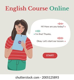 Happy girl is studying English course online. A woman holds a tablet in her hands and communicates with the teacher via the Internet, video and audio communication.
