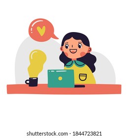 Happy girl studying online vector illustration. Hand drawn cartoon picture of a smiling kid at a laptop having a lesson from home for web, mobile, ads, banners, posters.