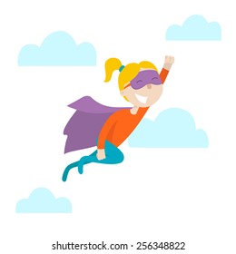 Happy girl in a suit superhero flies up. Flat design. Vector illustration. Isolated on white background. Freedom concept.