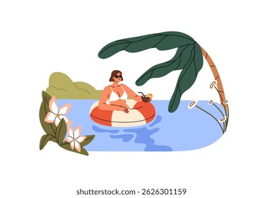 Happy girl in sunglasses with drink floating on inflatable circle. Young woman in bikini sunbathing on rubber ring on sea resort in summer travel. Flat isolated vector illustration on white background