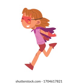 Happy Girl in Superhero Costume, Cute Kid Playing Dress Up Game Cartoon Vector Illustration
