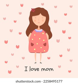 Happy girl surrounded by hearts. Valentine's card with the inscription I love mom. Mother's day card.