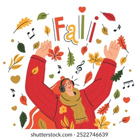 Happy girl in a sweater with headphones listens to music autumn background fall scene leaves are flying. Leaf fall. Autumn season. Vector illustration in flat style.